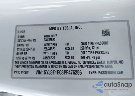 2023 Tesla Model 3 Performance Dual Motor All-Wheel Drive z USA, uszkodzony, nr VIN 5YJ3E1EC8PF476256
